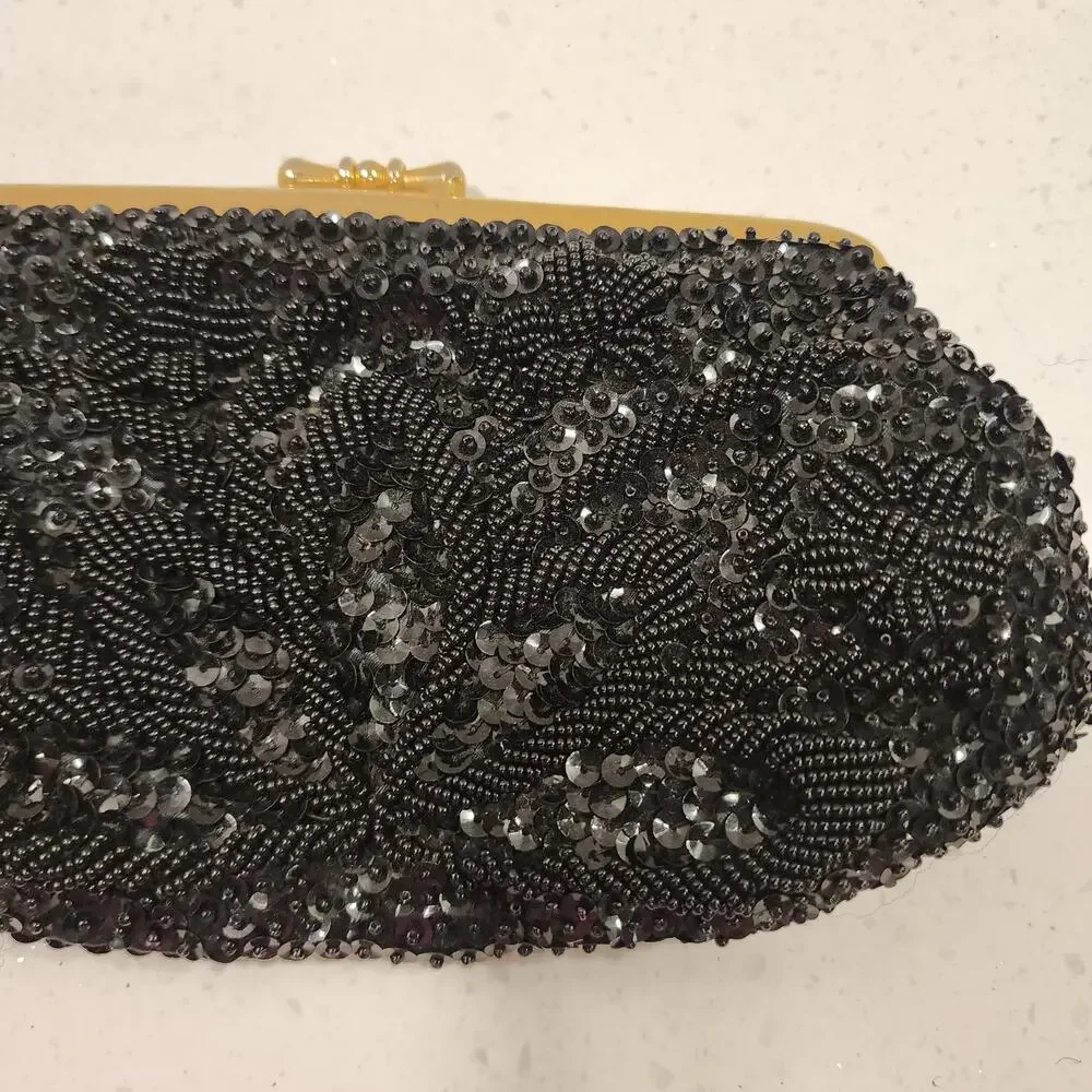 Vintage Black Beaded & Sequin  Gold Trim Small Clutch Purse-party- wedding